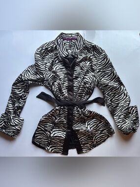 Foxy jeans zebra print satin blouse contrast back corset tie back snatched Y2K